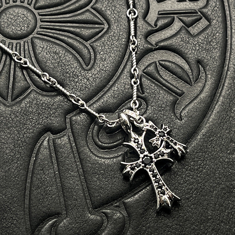 Punk Hip-Hop Titanium Silver Plated Double Cross Colored Diamond Necklace