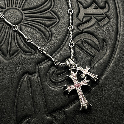 Punk Hip-Hop Titanium Silver Plated Double Cross Colored Diamond Necklace
