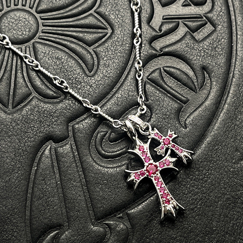 Punk Hip-Hop Titanium Silver Plated Double Cross Colored Diamond Necklace