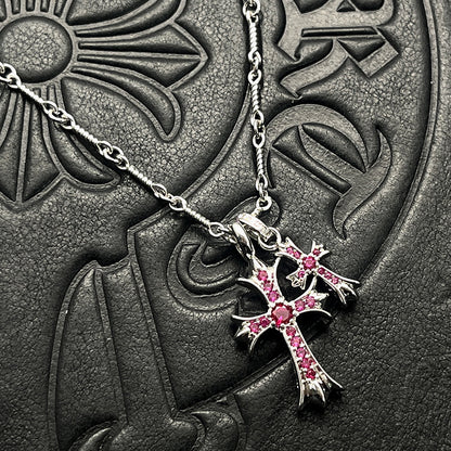 Punk Hip-Hop Titanium Silver Plated Double Cross Colored Diamond Necklace