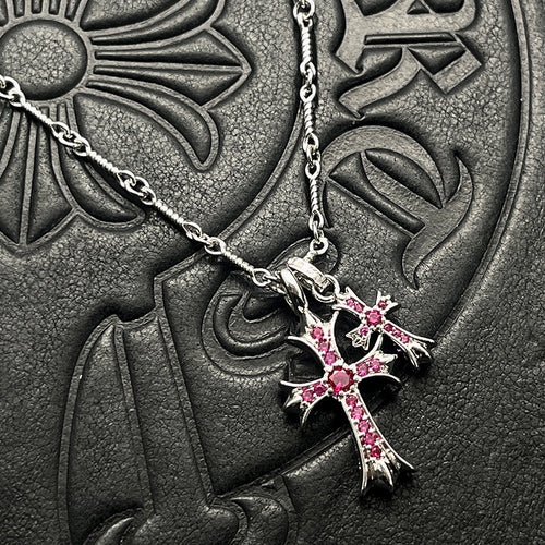 Punk Hip-Hop Titanium Silver Plated Double Cross Colored Diamond Necklace