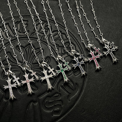 Punk Hip-Hop Titanium Silver Plated Double Cross Colored Diamond Necklace