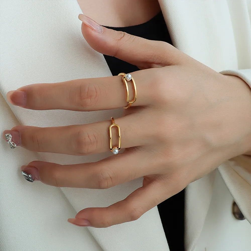 Geometric Circle Pearl Ring Titanium Steel PVD Vacuum Gold Plated