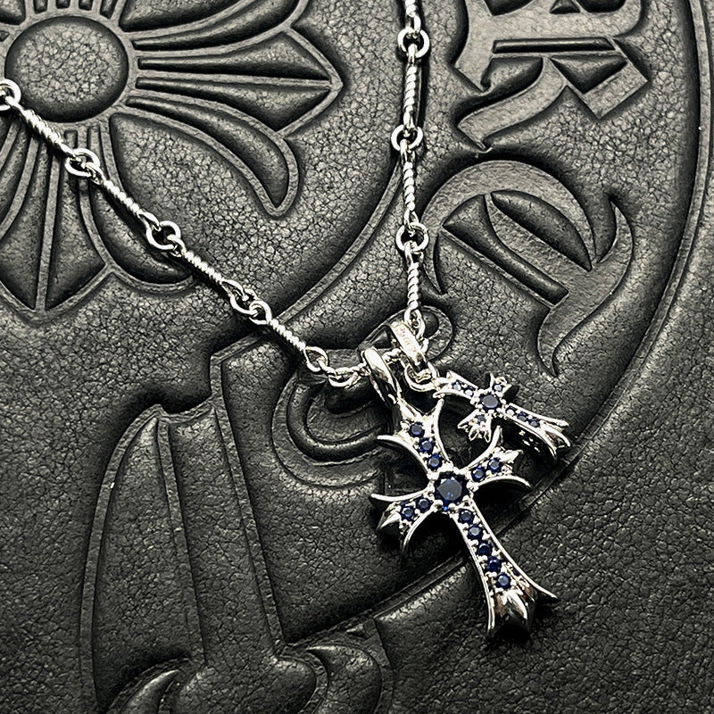 Punk Hip-Hop Titanium Silver Plated Double Cross Colored Diamond Necklace