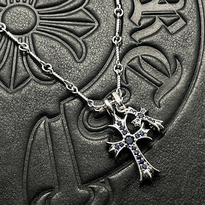 Punk Hip-Hop Titanium Silver Plated Double Cross Colored Diamond Necklace