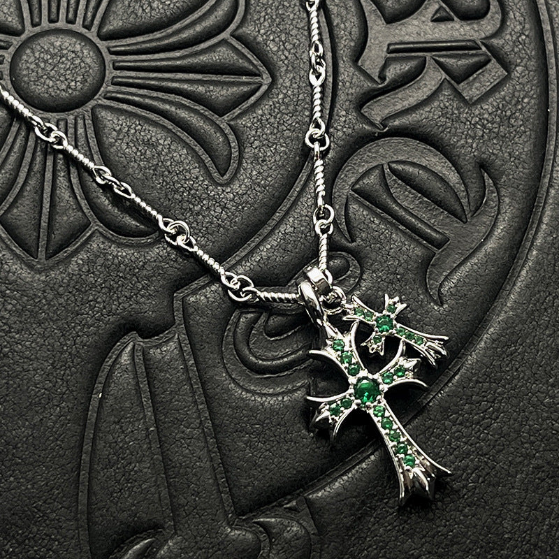 Punk Hip-Hop Titanium Silver Plated Double Cross Colored Diamond Necklace