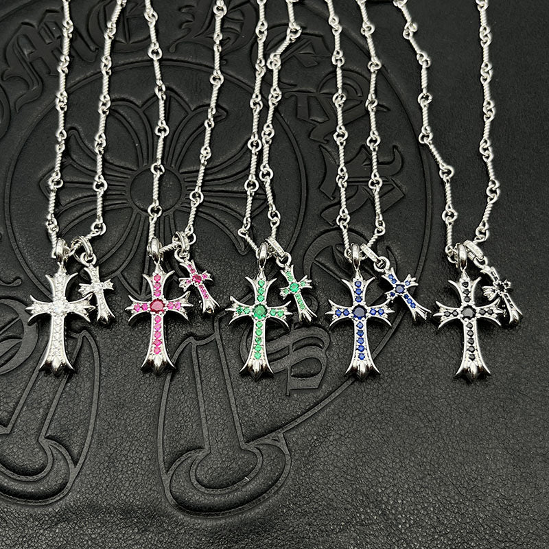 Punk Hip-Hop Titanium Silver Plated Double Cross Colored Diamond Necklace